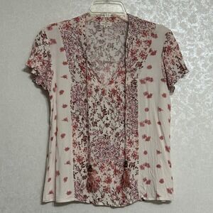Mason & Belle Floral Print Tunic Top Short Sleeve Blouse‎ V-neck Tassels Boho L
